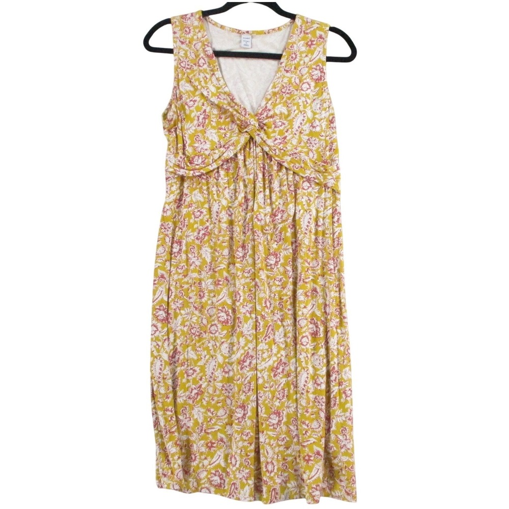 Old Navy Maternity Dress Medium Yellow Pink Floral Paisley Knot Front Sleeveless